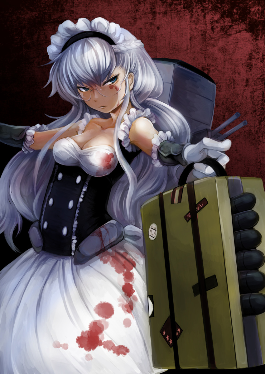 apron azur_lane bangs belfast_(azur_lane) belfast_(azur_lane)_(cosplay) black_lagoon blood blood_on_face bloody_clothes blue_eyes braid breasts cleavage collarbone cosplay dress french_braid glasses gloves highres long_hair maid maid_headdress medium_breasts roberta_(black_lagoon) round_eyewear ruu_bot silver_hair solo turret waist_apron white_apron white_gloves