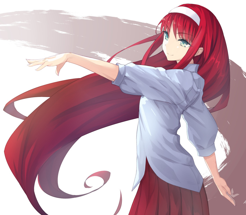 absurdres apo_(apos2721) bangs cowboy_shot dress_shirt eyebrows_visible_through_hair floating_hair green_eyes grey_shirt hair_between_eyes hairband highres long_hair outstretched_arm pleated_skirt red_hair red_skirt shirt skirt smile solo standing toono_akiha tsukihime very_long_hair white_background white_hairband