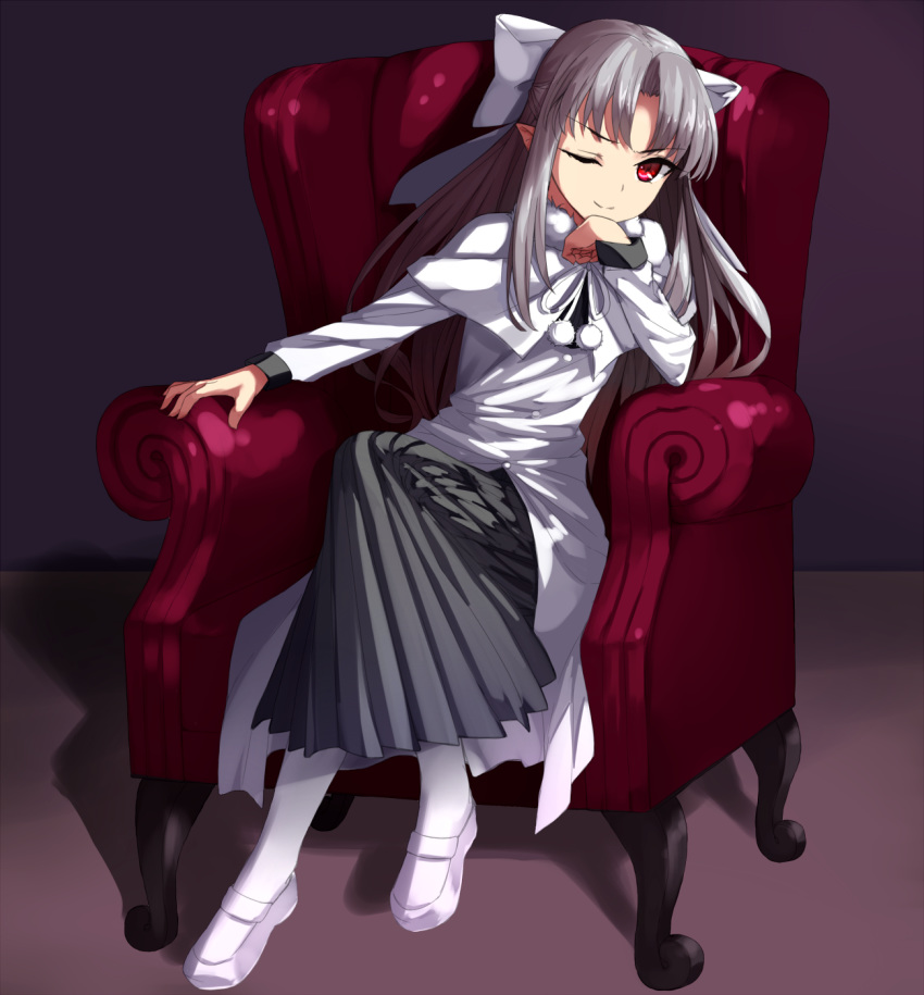 ;) apo_(apos2721) bow capelet chin_rest coat crossed_legs floating_hair full_body fur_trim grey_skirt hair_bow highres long_hair long_skirt long_sleeves looking_at_viewer mary_janes melty_blood one_eye_closed pantyhose pleated_skirt pointy_ears purple_background red_eyes shoes silver_hair simple_background sitting skirt smile solo tsukihime very_long_hair white_bow white_capelet white_coat white_footwear white_legwear white_len winter_clothes winter_coat