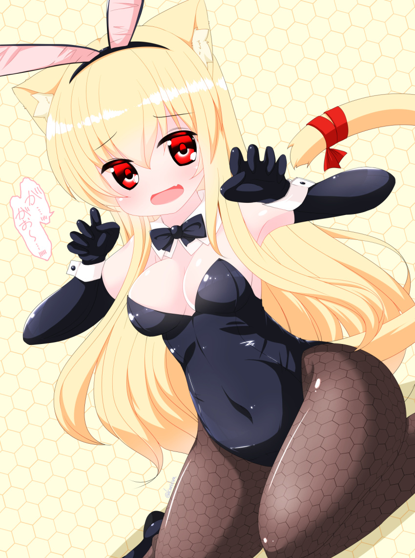 :d animal_ear_fluff animal_ears bangs bare_shoulders black_footwear black_gloves black_hairband black_leotard black_neckwear blonde_hair bow bowtie breasts brown_legwear bunny_ears bunnysuit cat_ears cat_girl cat_tail cleavage commentary_request covered_navel detached_collar dutch_angle elbow_gloves eyebrows_visible_through_hair fake_animal_ears fang gloves hair_between_eyes hairband highres honeycomb_(pattern) honeycomb_background kanijiru kittysuit leotard long_hair medium_breasts open_mouth original pantyhose red_eyes smile solo strapless strapless_leotard tail tail_raised translation_request twitter_username very_long_hair white_collar wing_collar wrist_cuffs