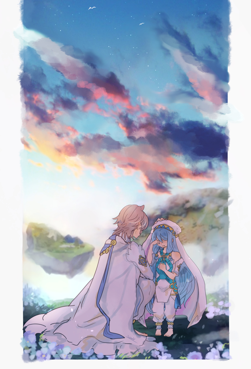 1girl anklet aqua_(fire_emblem_if) aqua_hair barefoot cape cloud commentary crying fire_emblem fire_emblem_heroes fire_emblem_if flower hand_on_another's_head highres jewelry long_hair male_my_unit_(fire_emblem_if) my_unit_(fire_emblem_if) outdoors parted_lips pointy_ears sasaki_(dkenpisss) short_hair sidelocks sky squatting standing tears veil white_hair younger