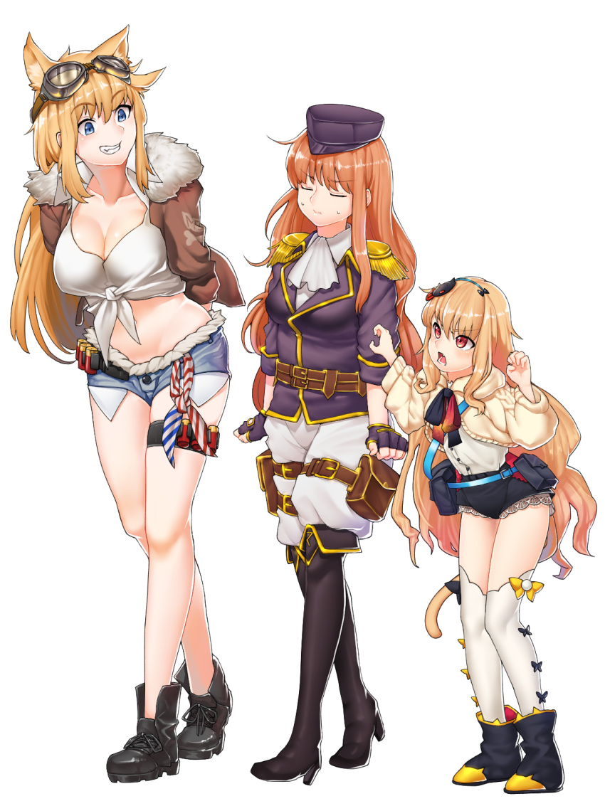 animal_ears bandana black_legwear black_shorts blonde_hair blue_eyes blush boots bow bowtie breasts brown_jacket cat_tail cleavage denim denim_shorts epaulettes exposed_pocket fang frustrated full_body fur-trimmed_jacket fur_trim girls_frontline goggles goggles_on_head gold_trim hair_ornament hat height_difference highres jacket large_breasts long_hair long_sleeves medium_breasts military military_uniform mossberg_500_(girls_frontline) multiple_girls orange_hair pants pouch ribbon sd_bigpie shirt short_shorts shorts shotgun_shells sig-510_(girls_frontline) simple_background small_breasts sweater t65_(girls_frontline) tail thighhighs tied_shirt uniform white_background white_jacket white_legwear white_pants white_shirt