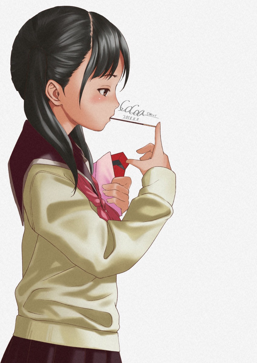 absurdres black_hair black_skirt blush brown_eyes chocolate_5420 commentary_request dated eating food highres holding_envelope huge_filesize medium_hair mouth_hold original pocky profile school_uniform simple_background skirt solo