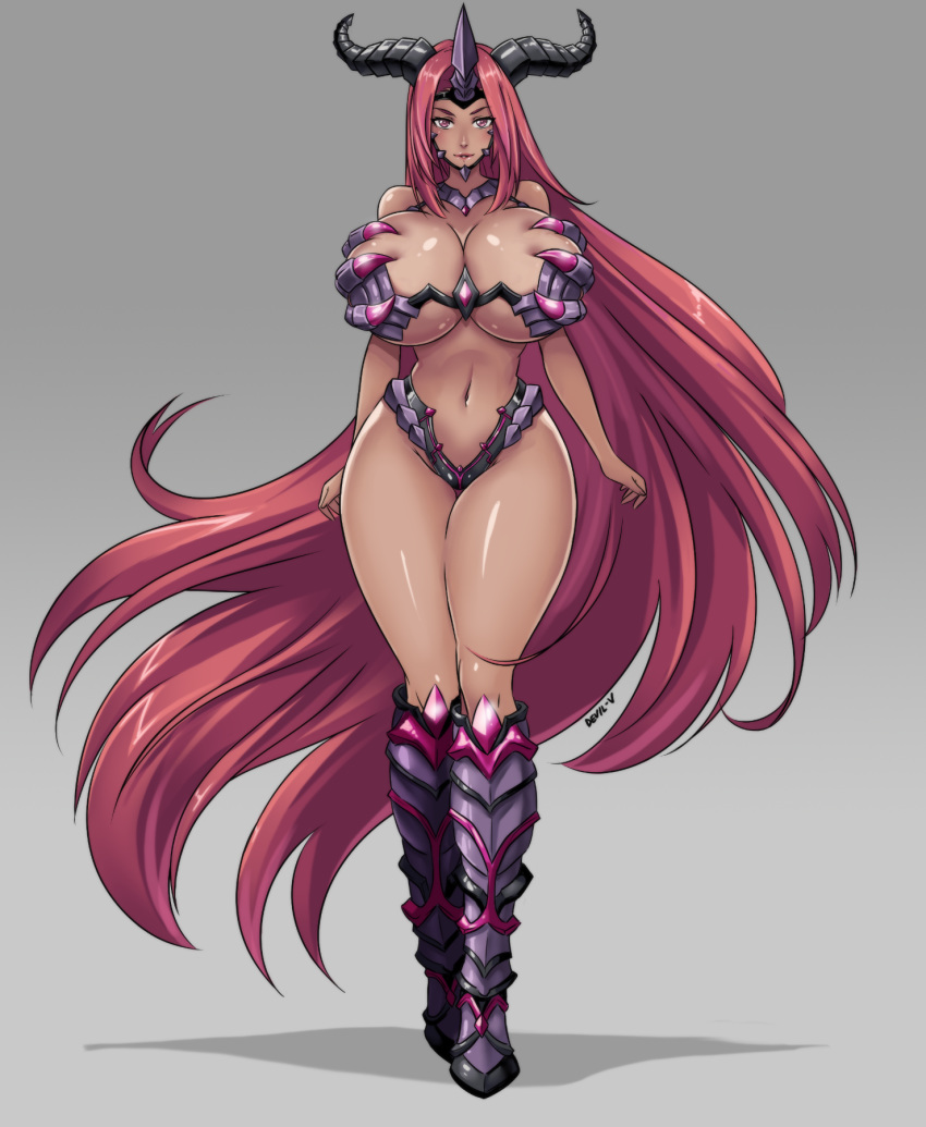 1girl armor bikini bikini_armor boots breasts cleavage curvy dark_skin devil-v female full_body horns huge_breasts jewelry long_hair looking_at_viewer midriff navel necklace original parted_lips pink_eyes pink_hair simple_background skindentation solo standing swimsuit thick_thighs thighs very_long_hair wide_hips