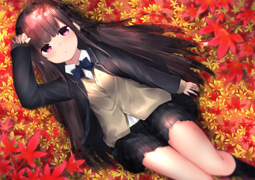 autumn_leaves bangs black_jacket black_legwear black_skirt blazer blue_bow blurry blurry_foreground bow brown_cardigan brown_hair cardigan collared_shirt commentary_request day depth_of_field dress_shirt eyebrows_visible_through_hair highres jacket kneehighs leaf long_hair long_sleeves looking_at_viewer lying maple_leaf neku_(neku_draw) on_back open_blazer open_clothes open_jacket original outdoors parted_lips plaid plaid_skirt pleated_skirt red_eyes school_uniform shirt skirt sleeves_past_wrists solo very_long_hair white_shirt