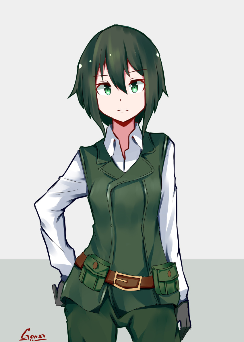 absurdres belt black_gloves breasts contrapposto gloves green_eyes green_hair green_vest hair_between_eyes hand_on_own_chest highres kino kino_no_tabi long_sleeves short_hair small_breasts tegar32 tomboy vest