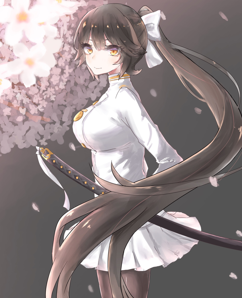 after_suko azur_lane black_hair black_legwear cherry_blossoms commentary_request highres katana looking_at_viewer military military_uniform naval_uniform pantyhose ponytail ribbon sword takao_(azur_lane) uniform weapon white_ribbon yellow_eyes