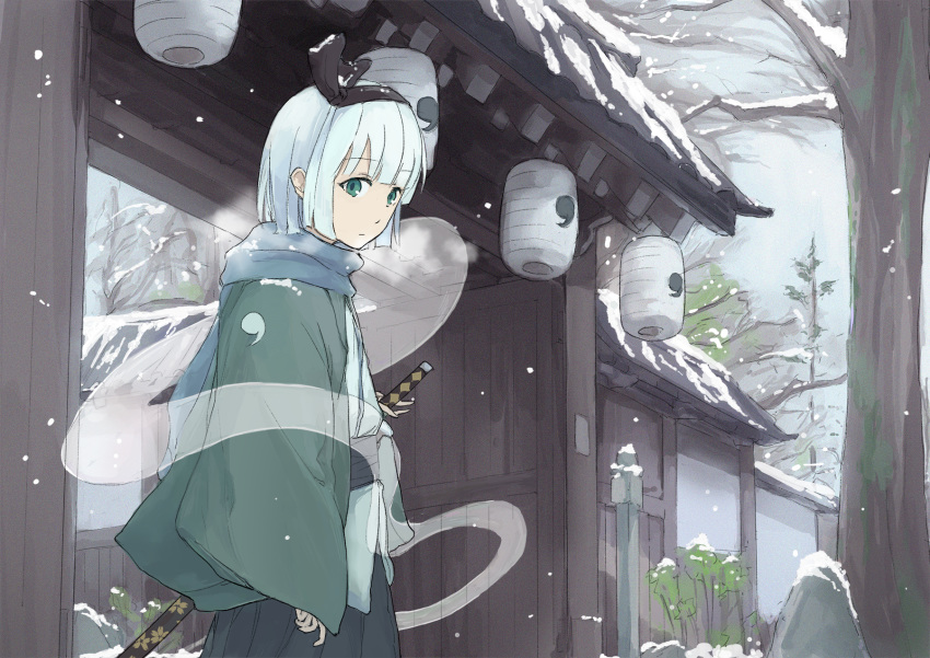 alternate_costume aqua_scarf architecture bare_tree blunt_ends east_asian_architecture expressionless eyebrows_visible_through_hair ghost green_eyes hairband haori highres japanese_clothes katana konpaku_youmu konpaku_youmu_(ghost) light_blue_hair long_sleeves looking_at_viewer muted_color outdoors samurai scarf sheath sheathed short_hair slouching snow snowing solo sword touhou tree very_short_hair weapon wide_sleeves winter winter_clothes yuuhan_(ajke4222)