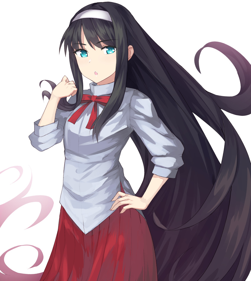 absurdly_long_hair absurdres apo_(apos2721) bangs black_hair blue_eyes cowboy_shot dress_shirt eyebrows_visible_through_hair floating_hair gradient_hair grey_shirt hairband hand_on_hip highres long_hair long_skirt long_sleeves looking_at_viewer multicolored_hair neck_ribbon open_mouth pleated_skirt red_hair red_ribbon red_skirt ribbon shirt simple_background skirt solo standing toono_akiha tsukihime two-tone_hair very_long_hair white_background white_hairband