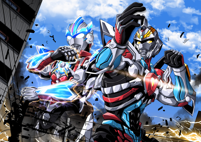 building cable clenched_hand cloud commentary_request crossover electricity fighting_stance giant glowing glowing_eyes gridman_(ssss) highres lightning_bolt nomayo outdoors power_lines sky ssss.gridman telephone_pole ultra_series ultraman_orb ultraman_orb_(series) white_eyes yellow_eyes