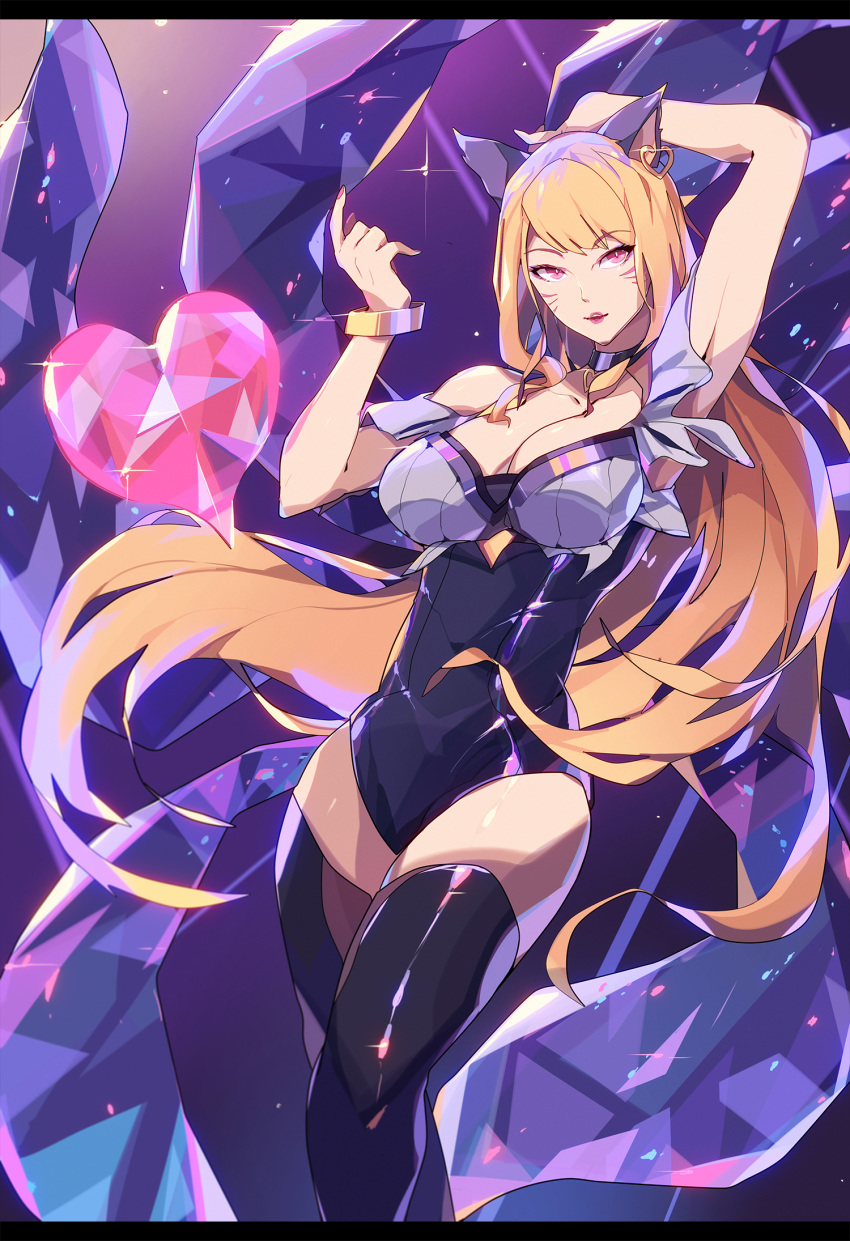 ahri animal_ears arm_up armpits bangle bangs black_legwear blonde_hair bracelet breasts choker cleavage commentary crystal dancing earrings english_commentary eyebrows_visible_through_hair fox_ears fox_tail heart heart_choker heart_earrings highres idol jewelry k/da_(league_of_legends) k/da_ahri large_breasts league_of_legends long_hair mao_ten_go multiple_tails parted_lips red_eyes solo strapless swept_bangs tail thighhighs whisker_markings