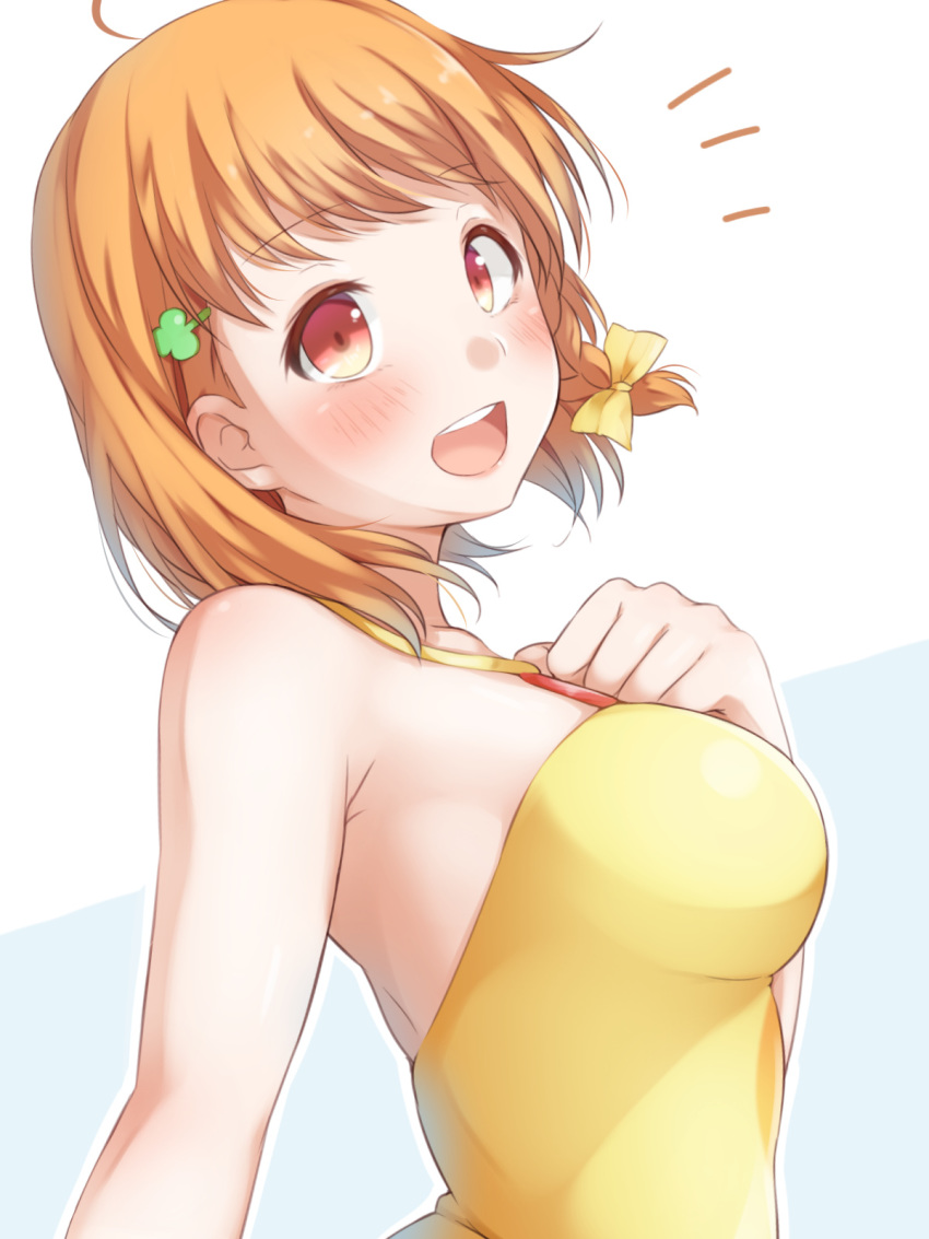 ahoge braid casual_one-piece_swimsuit clover_hair_ornament hair_ornament hands_on_own_face highres hitotsuki_no_yagi love_live! love_live!_sunshine!! one-piece_swimsuit open_mouth orange_hair red_eyes ribbon short_hair side_braid smile solo swimsuit takami_chika two-tone_background upper_body upper_teeth white_background yellow_ribbon yellow_swimsuit