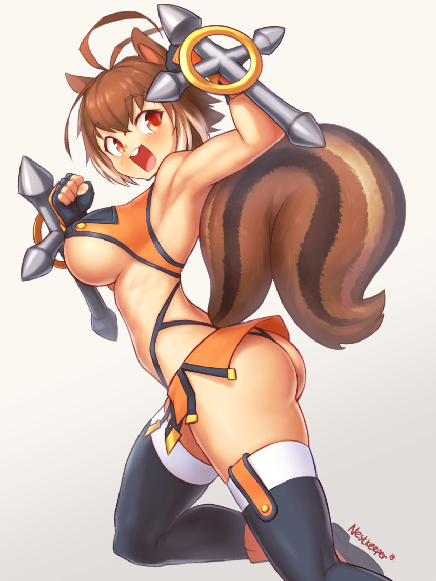 absurdres animal_ears antenna_hair arm_up armpits ass black_legwear black_panties blazblue breasts brown_hair clenched_hands crop_top dual_wielding eyebrows_visible_through_hair fingerless_gloves gloves highleg highleg_panties highres holding large_breasts looking_back makoto_nanaya microskirt multicolored_hair nestkeeper open_mouth orange_eyes orange_footwear orange_skirt panties revealing_clothes side_slit simple_background skirt solo squirrel_ears squirrel_girl squirrel_tail tail thighhighs tonfa two-tone_hair underboob underwear weapon