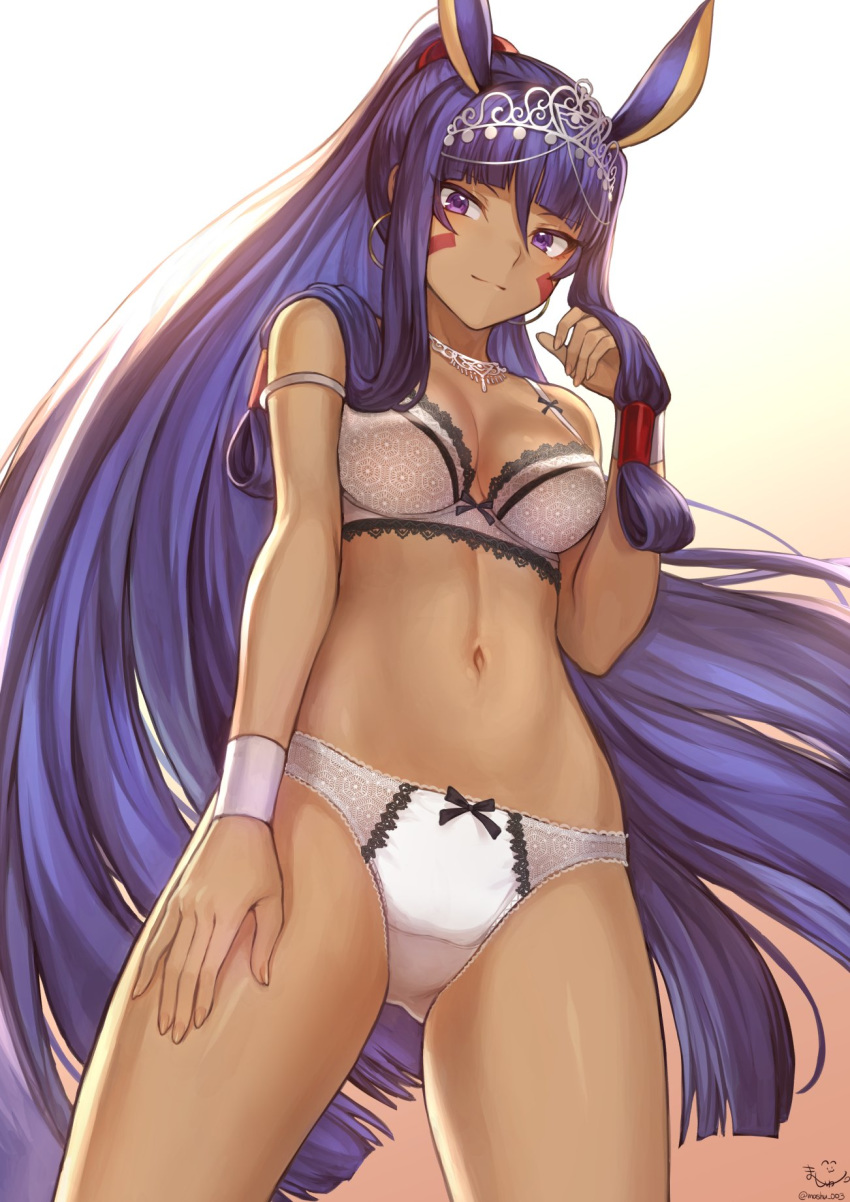 animal_ears bangs blunt_bangs bra breasts cleavage commentary cowboy_shot dark_skin earrings facial_mark fate/grand_order fate_(series) from_below gradient gradient_background hair_tubes hand_on_own_thigh hand_up highres hoop_earrings jewelry lace lace-trimmed_bra long_hair looking_at_viewer mashu_003 medium_breasts navel necklace nitocris_(fate/grand_order) nitocris_(swimsuit_assassin)_(fate) panties ponytail purple_hair sidelocks simple_background smile solo strap_slip tiara underwear underwear_only very_long_hair white_bra white_panties wristband
