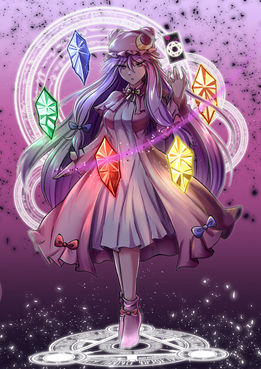 blue_bow bow breasts crescent crescent_moon_pin darkness dress_bow eyebrows_visible_through_hair full_body hair_bow hat highres light light_particles long_hair looking_at_viewer magic magic_circle medium_breasts open_mouth patchouli_knowledge philosopher's_stone pink_footwear purple_eyes purple_hair red_bow shading sock_bow socks solo spell_card touhou very_long_hair xanadu_avici
