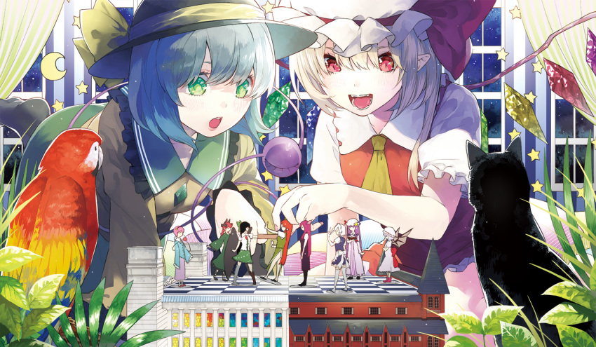 :o animal apron arm_cannon bangs bat_wings bird black_cat black_hair black_hat black_legwear blonde_hair blue_shirt book bow cat character_doll chireiden commentary_request crescent crystal dress fingernails flandre_scarlet green_eyes green_skirt hair_between_eyes haruba_negi hat hat_bow hat_ribbon head_wings hong_meiling indoors izayoi_sakuya kaenbyou_rin koakuma komeiji_koishi komeiji_satori long_fingernails long_sleeves maid_apron maid_headdress miniature miniskirt mob_cap model multiple_girls night night_sky open_mouth parrot patchouli_knowledge pink_hair pink_skirt playing pointy_ears puffy_sleeves purple_hair red_eyes red_hair red_ribbon red_skirt red_vest reiuji_utsuho remilia_scarlet ribbon scarlet_devil_mansion shirt silver_hair skirt sky slit_pupils smile star star_(sky) starry_sky striped striped_dress third_eye touhou vest weapon white_hair white_hat wide_sleeves window wings yellow_bow yellow_neckwear yellow_shirt