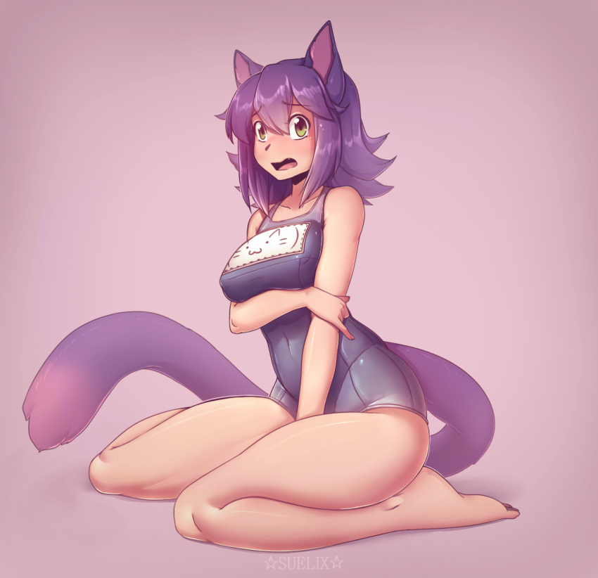 animal_humanoid beige_skin big_breasts blush bra breasts butt cat_humanoid clothed clothing feline female fur green_eyes hair humanoid kneeling mammal navel open_mouth purple_fur purple_hair simple_background solo suelix swimsuit thick_thighs translucent transparent_clothing underwear