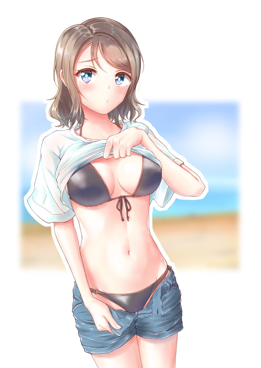 bikini black_bikini blue_eyes blue_shorts blurry breasts commentary_request cowboy_shot denim denim_shorts depth_of_field front-tie_top grey_hair highres lifted_by_self looking_at_viewer love_live! love_live!_sunshine!! medium_breasts open_fly shirt shirt_lift short_hair shorts solo standing swimsuit toine watanabe_you white_shirt