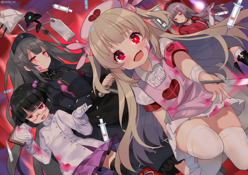 apron armband bandaged_arm bandages black_hair blonde_hair blood blood_on_face blush elbow_gloves fang glasses gloves glowing glowing_eyes hat hell's_channel knife kurot long_hair looking_at_viewer minai_karte multiple_girls natori_sana nurse nurse_cap open_mouth pill reaching_out red_eyes rokudou_mei sana_channel stained_clothes syringe takajin-chan takajin-channel thighhighs twitter_username virtual_clinic