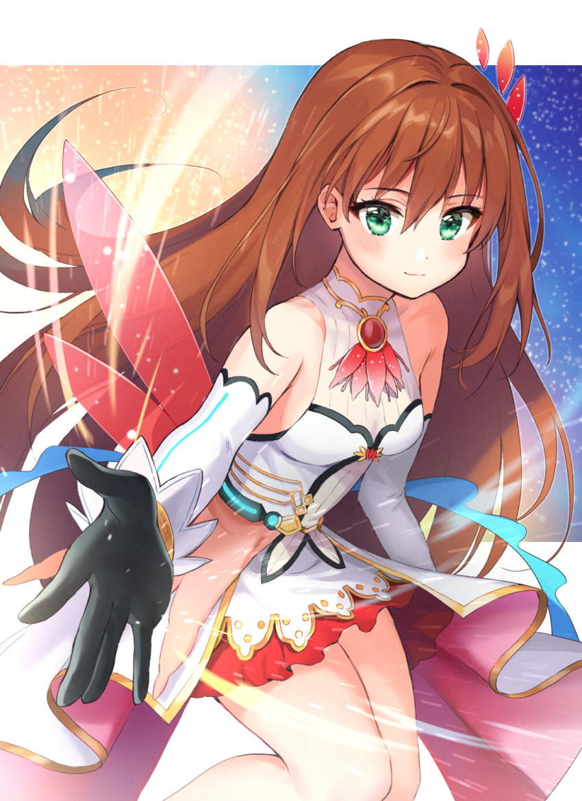 bangs bare_legs bare_shoulders battle_girl_high_school black_gloves blush breasts brooch brown_hair closed_mouth commentary_request detached_sleeves gloves green_eyes hair_between_eyes hair_intakes hair_ornament highres jewelry kiyosato0928 leg_up light_smile long_hair looking_at_viewer magic medium_breasts miniskirt misaki_(battle_girl_high_school) outstretched_hand reaching_out red_skirt shirt skirt solo turtleneck white_shirt wings