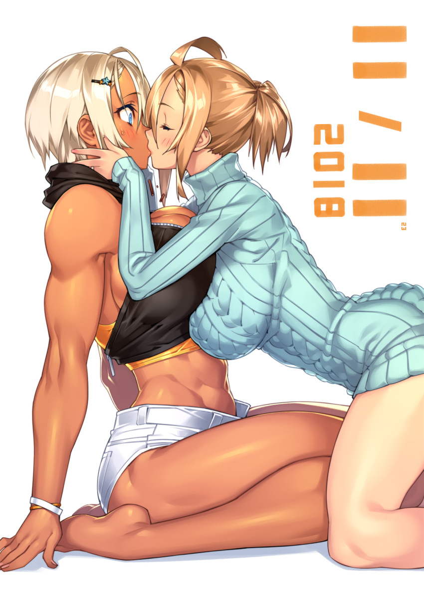 2girls abs ahoge ahoge_girl_(23) aran_sweater bare_arms bare_legs bare_shoulders barefoot blonde_hair blue_eyes blue_sweater blush breasts cleavage commentary dark-skinned_girl_(23) dark_skin dated food hair_between_eyes hair_ornament hairclip hands_on_another's_cheeks hands_on_another's_face highres jewelry kiss kneeling long_sleeves midriff multiple_girls muscle muscular_female original platinum_blonde_hair pocky pocky_day ribbed_sweater ring seiza short_hair short_ponytail short_shorts shorts simple_background sitting surprised sweater toned turtleneck wedding_band white_background white_shorts wide-eyed wife_and_wife wristband yuri