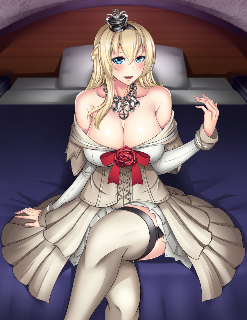 absurdres bare_shoulders blonde_hair blue_eyes braid breasts cleavage corset crossed_legs crown dress flower french_braid garter_straps hair_between_eyes hairband highres indoors jewelry kantai_collection large_breasts long_hair long_sleeves mini_crown necklace obei_teitoku off-shoulder_dress off_shoulder on_bed open_mouth pillow red_flower red_ribbon red_rose ribbon rose sitting solo thighhighs warspite_(kantai_collection) white_dress white_legwear