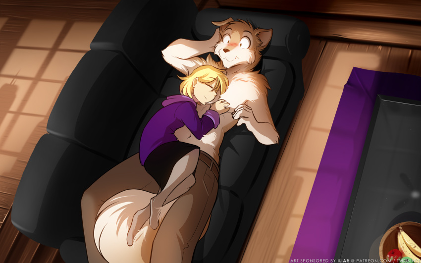 16;10 2018 anthro barefoot blonde_hair blush brown_fur canine clothed clothing colin_(twokinds) cuddling dog eyes_closed female female_on_anthro fur hair hi_res human keidran larger_male lying male mammal multicolored_fur on_back on_side on_sofa on_top samantha_potts size_difference skirt sleeping smaller_female smile sofa table tan_fur tom_fischbach topless tuft twokinds webcomic