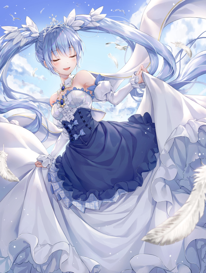 absurdres armpits bare_shoulders bird blue_hair blue_sky blush cape closed_eyes cloud commentary corset day detached_collar detached_sleeves dress dress_lift dutch_angle earrings eyebrows_visible_through_hair facing_viewer feathers floating_hair hair_ornament hair_ribbon hatsune_miku highres jewelry juliet_sleeves lifted_by_self long_hair long_sleeves open_mouth outdoors pendant puffy_sleeves r_o_ha ribbon sapphire_(stone) skirt sky smile snow snowflakes solo strapless strapless_dress symbol_commentary tiara twintails very_long_hair vocaloid white_ribbon wind wind_lift yuki_miku