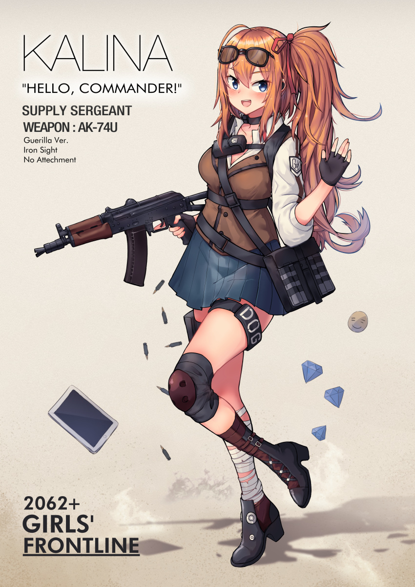 :d absurdres ahoge aks-74u alternate_costume assault_rifle bag bandaged_leg bandages black_gloves blue_eyes blush breasts bullet character_name choker collarbone collared_shirt commentary dorymin eyebrows_visible_through_hair eyewear_on_head fingerless_gloves full_body girls_frontline gloves gun hair_between_eyes hair_ornament hair_ribbon hand_up highres holding holding_gun holding_weapon huge_filesize kalina_(girls_frontline) large_breasts long_hair looking_at_viewer open_mouth red_ribbon ribbon rifle shirt side_ponytail single_knee_boot single_knee_pad smile solo standing standing_on_one_leg sunglasses tablet thigh_strap trigger_discipline vest weapon
