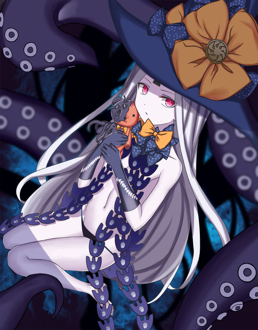 abigail_williams_(fate/grand_order) bangs bare_legs barefoot black_bow black_gloves black_hat black_panties blurry blurry_background bow chinese_commentary closed_mouth collarbone commentary_request depth_of_field elbow_gloves fate/grand_order fate_(series) gloves hands_up hat hat_bow highres holding holding_stuffed_animal long_hair looking_at_viewer navel orange_bow pale_skin panties parted_bangs print_bow red_eyes revealing_clothes roi_(liu_tian) skull_print soles solo star star_print stuffed_animal stuffed_toy suction_cups teddy_bear tentacles topless underwear very_long_hair white_hair witch_hat