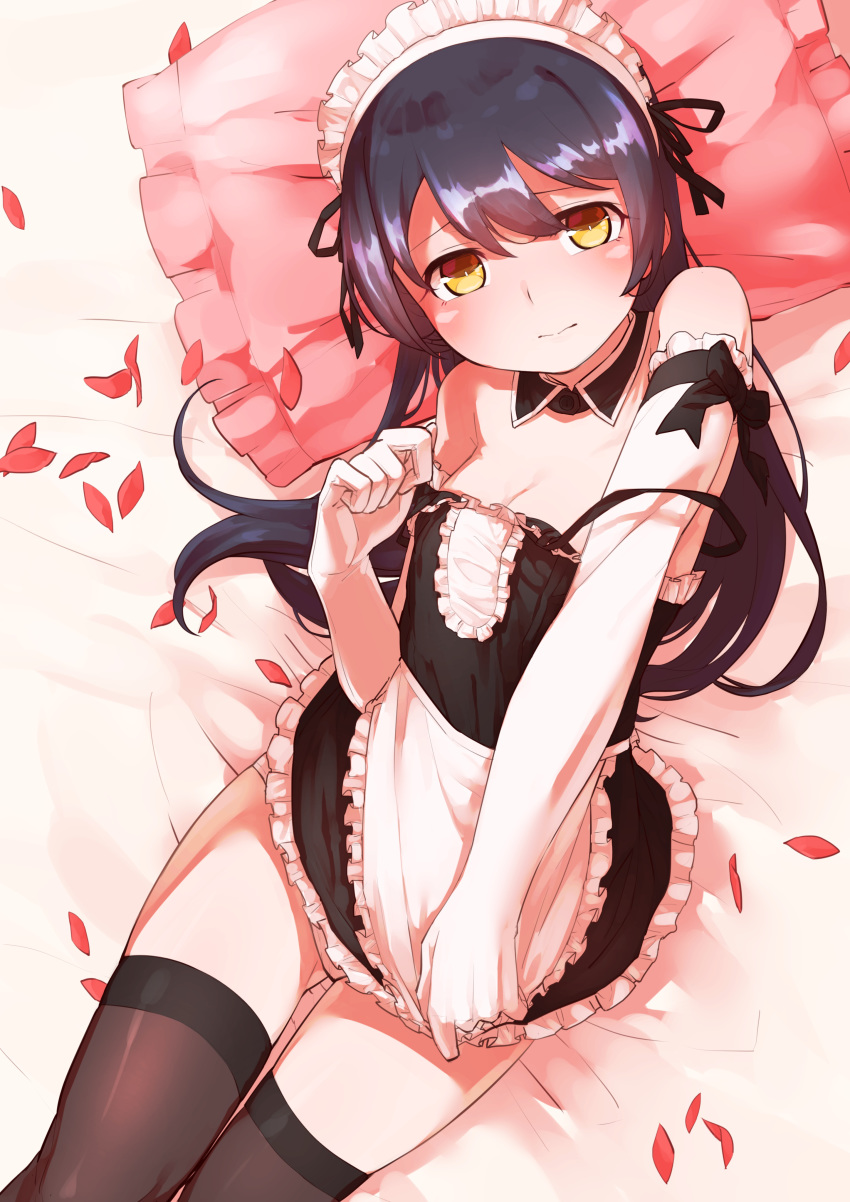 absurdres apron bangs bed_sheet black_legwear blue_hair blush closed_mouth commentary covering covering_crotch cowboy_shot detached_collar dress dress_tug elbow_gloves embarrassed frills gloves goe_(g-o-e) hair_between_eyes highres long_hair looking_at_viewer love_live! love_live!_school_idol_project lying maid maid_apron maid_headdress on_back on_bed panties pantyshot petals pillow ribbon skirt solo sonoda_umi strap_slip thighhighs underwear waist_apron white_gloves white_panties yellow_eyes