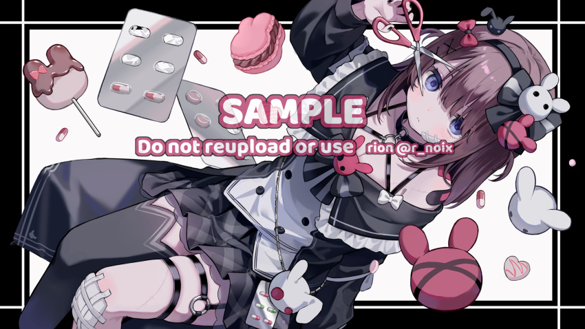 1girl animal-themed_food bandaid bandaid_on_knee bandaid_on_leg bare_shoulders black_border black_choker black_hairband black_nails black_shirt black_skirt blush border borrowed_character bow breasts brown_hair choker cleavage closed_mouth commentary_request commission feet_out_of_frame food frills hair_bow hairband highres holding holding_scissors long_hair long_sleeves macaron multiple_thigh_straps myon_rio nail_polish original outside_border pill plaid_clothes plaid_skirt pleated_skirt purple_eyes red_bow sample_watermark scissors shirt simple_background single_thighhigh skeb_commission skirt solo thighhighs twitter_username watermark white_background white_thighhighs