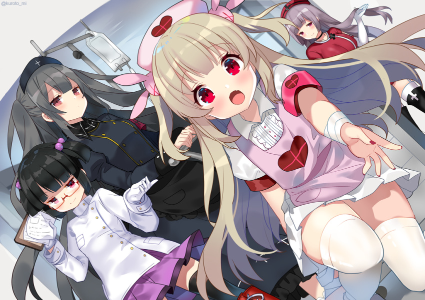 apron armband bandaged_arm bandages black_hair blonde_hair blush commentary_request fang glasses gloves hat hell's_channel kurot long_hair looking_at_viewer minai_karte multiple_girls natori_sana nurse nurse_cap open_mouth reaching_out red_eyes rokudou_mei sana_channel takajin-chan takajin-channel thighhighs twitter_username virtual_clinic