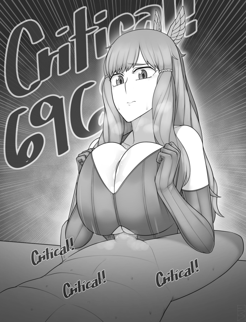 1girl breasts cleavage closed_mouth commission ekz_(drawfag) elbow_gloves fire_emblem fire_emblem:_kakusei gloves greyscale hair_ornament highres large_breasts long_hair monochrome paizuri penis sumia wing_hair_ornament
