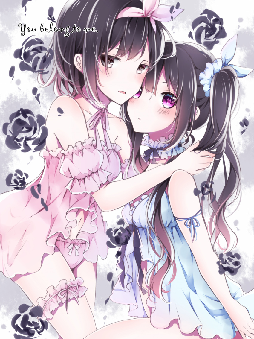 arm_at_side babydoll bangs bare_shoulders black_hair blue_scrunchie blush breasts choker collarbone commentary_request detached_sleeves english frilled_choker frills grey_eyes hair_ornament hair_scrunchie hairband highres hug leg_garter lingerie long_hair looking_at_viewer multiple_girls nanase_eka navel original panties parted_lips pink_hairband pink_panties puffy_short_sleeves puffy_sleeves purple_eyes ribbon_choker scrunchie short_hair short_sleeves sidelocks small_breasts thighs twintails underwear underwear_only yuri