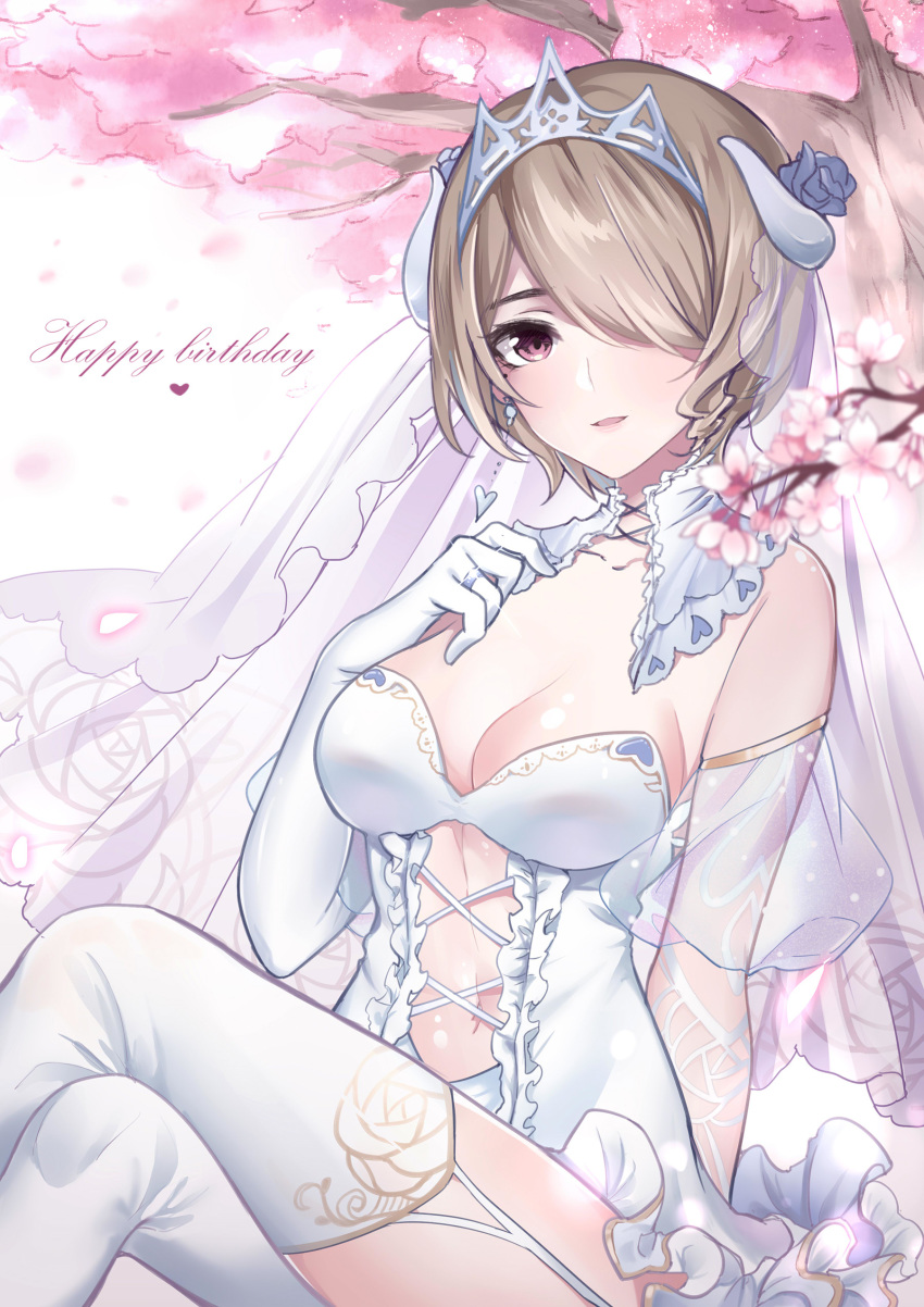 1girl absurdres breasts bridal_veil bride cherry_blossoms cleavage commentary_request crown dress earrings elbow_gloves fake_horns glint gloves gou_lianlian_dogface hair_over_one_eye happy_birthday heart heart_earrings highres honkai_(series) honkai_impact_3 jewelry legs_crossed looking_at_viewer medium_breasts navel navel_cutout outdoors petals purple_eyes ring rita_rossweisse short_hair smile solo strapless strapless_dress thighhighs tree under_tree veil wedding_dress wedding_ring white white_dress white_gloves white_legwear