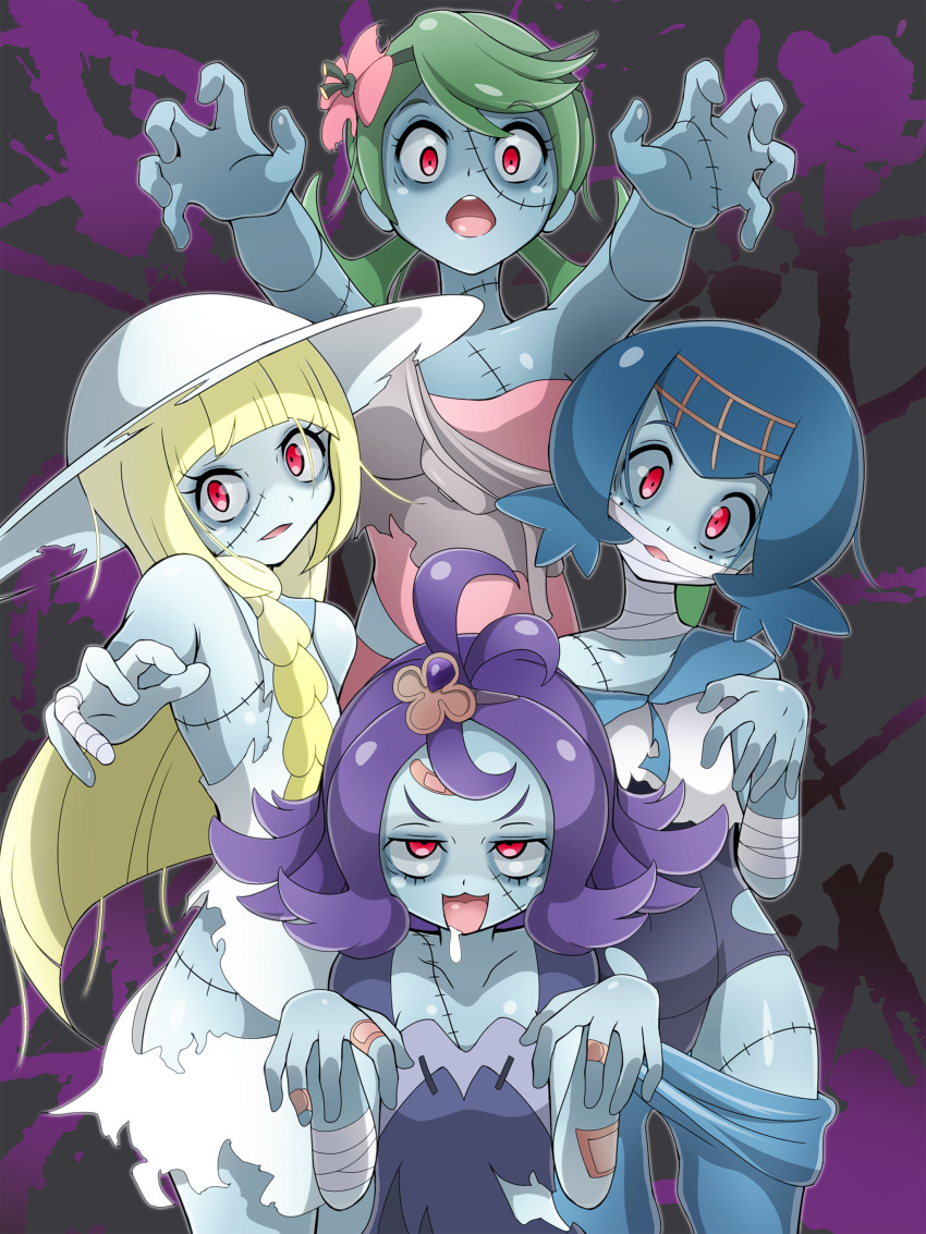 absurdres acerola_(pokemon) bandages bandaid blonde_hair blue_hair braid commentary elite_four flipped_hair flower green_hair hair_flower hair_ornament hairband hat highres lillie_(pokemon) long_hair mao_(pokemon) multiple_girls open_mouth outstretched_arms parody parted_lips pokemon pokemon_(game) pokemon_sm purple_hair red_eyes short_hair shoukin500 stitches suiren_(pokemon) sun_hat torn_clothes trial_captain twin_braids twintails white_hat zombie zombie_land_saga zombie_pose