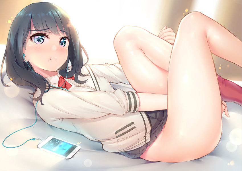 bangs black_hair black_skirt blue_eyes blush bow bowtie breasts cellphone closed_mouth commentary covering covering_crotch earphones embarrassed eyebrows_visible_through_hair hamadamiku01 hips implied_masturbation knees_up legs long_hair long_sleeves looking_at_viewer lying miniskirt no_panties on_back phone pleated_skirt pout red_bow red_legwear red_neckwear skirt small_breasts socks solo ssss.gridman sweater swept_bangs takarada_rikka thighs