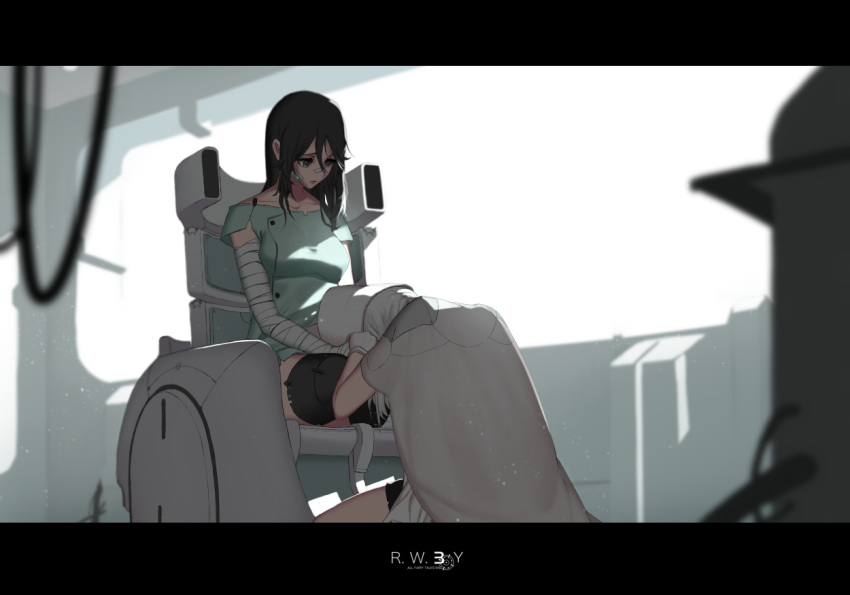 amputee bandaged_arm bandages bandaid brown_hair collarbone commentary crying dishwasher1910 double_amputee english_commentary gloves hat hospital_gown lap_pillow looking_at_another multiple_girls ruby_rose rwby sad science_fiction sitting weiss_schnee wheelchair white_hair