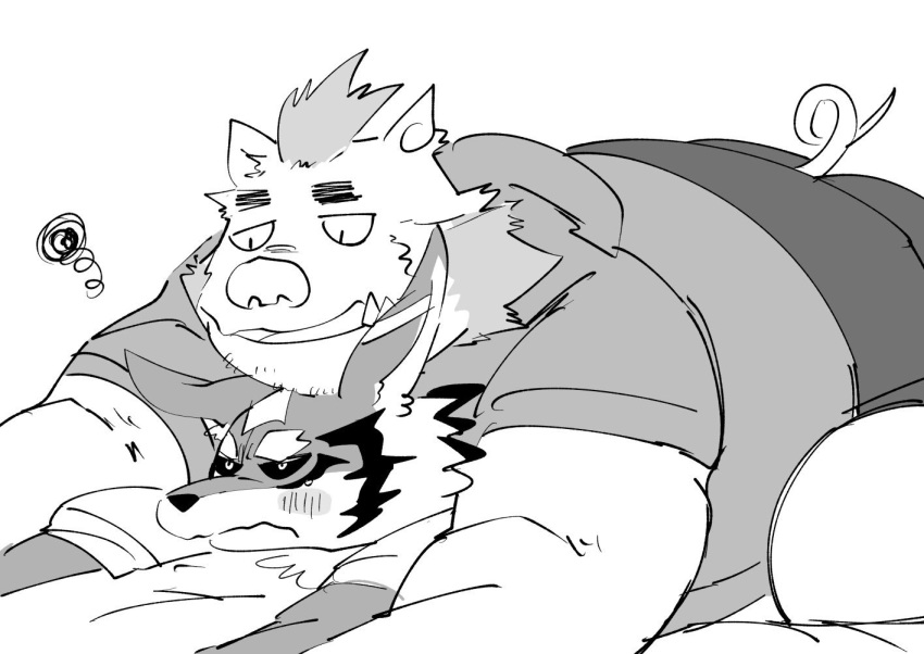 2018 anthro bed blush boar butt canine duo gouryou male mammal mohawk overweight overweight_male porcine seth_(tas) simple_background tokyo_afterschool_summoners wolf yuritaro_0316