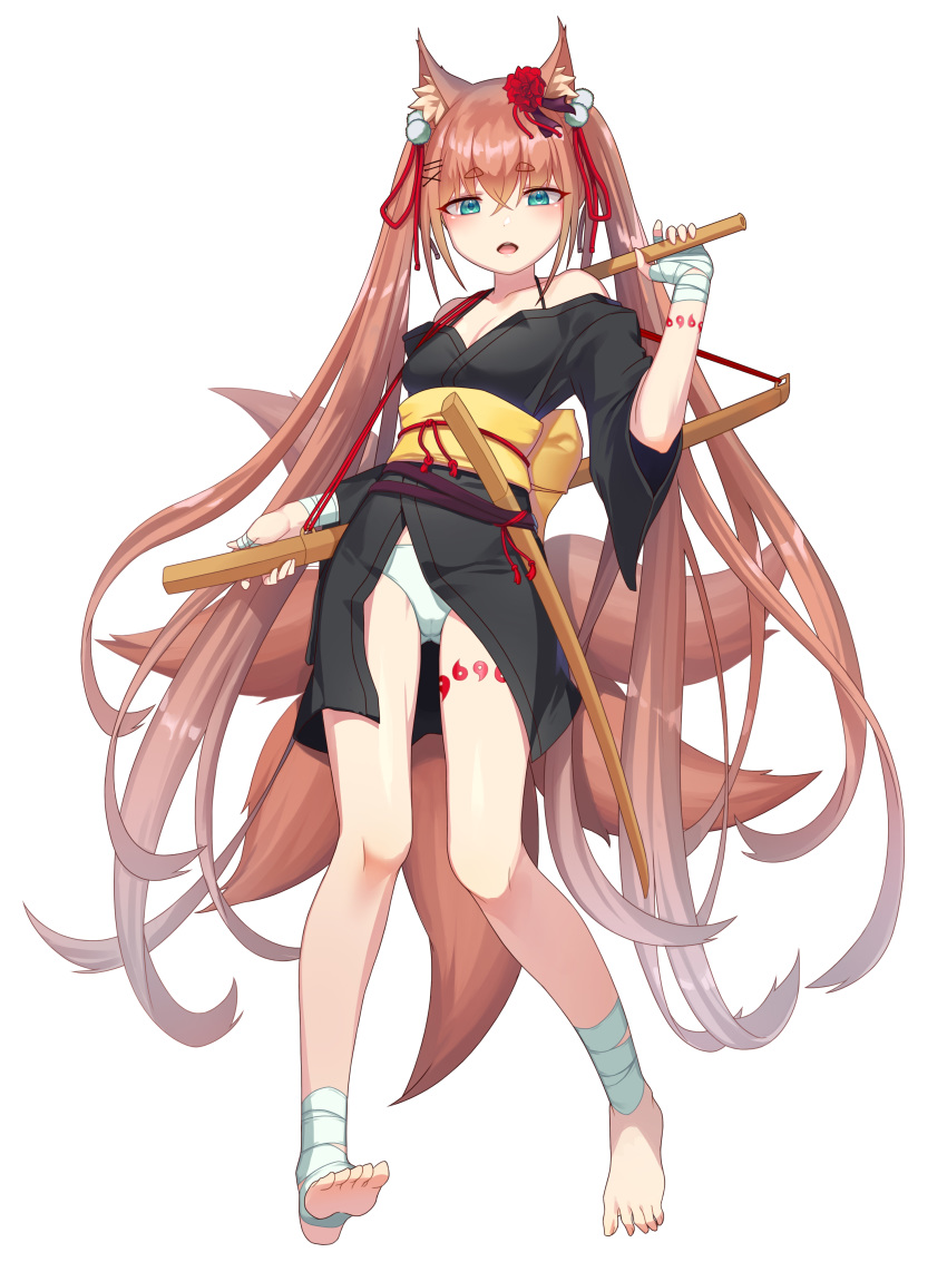 absurdres animal_ears ankle_wrap ass_visible_through_thighs bangs belly_peek black_kimono blue_eyes blush breasts brown_hair cleavage collarbone fox_ears fox_tail hair_ornament highres holding holding_weapon japanese_clothes katana kim_nico kimono long_hair looking_at_viewer multiple_tails obi off_shoulder open_clothes open_mouth original panties pigeon-toed sash shiny shiny_skin short_kimono soles solo standing sword tail toes tomoe_(symbol) twintails underwear weapon white_background white_panties wrist_wrap