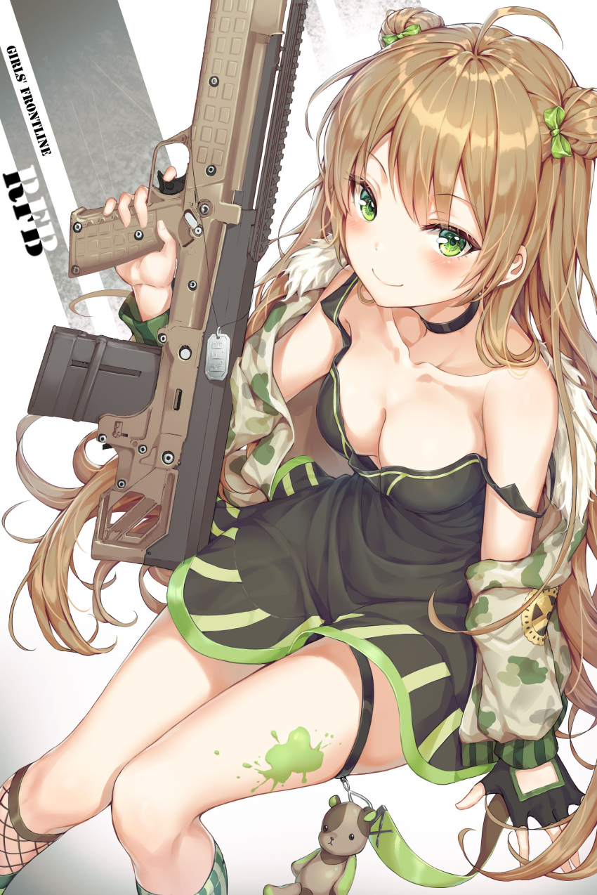 absurdres ahoge arm_support assault_rifle bangs bare_shoulders black_gloves blush bow breasts brown_hair bullpup character_name choker cleavage collarbone commentary_request dog_tags double_bun dress eyebrows_visible_through_hair fingerless_gloves fishnet_legwear fishnets fur_trim girls_frontline gloves green_bow green_eyes green_legwear gun hair_between_eyes hair_bow highres holding holding_gun holding_weapon jacket kel-tec kel-tec_rfb korean_commentary long_hair looking_at_viewer medium_breasts paint_splatter r_o_ha rfb_(girls_frontline) rifle short_dress sidelocks sitting smile solo strap_slip striped striped_legwear stuffed_animal stuffed_toy teddy_bear vertical-striped_legwear vertical_stripes weapon