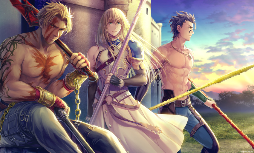 3boys abs arm_guards arm_tattoo beowulf_(fate/grand_order) black_gloves black_hair blob blue_pants blue_sky breastplate brown_eyes castle chains chest chest_scar closed_mouth cloud cloudy_sky collarbone commentary_request cuffs dual_wielding elbow_gloves facial_scar fate/grand_order fate_(series) fingerless_gloves fionn_mac_cumhaill_(fate/grand_order) gae_buidhe gae_dearg gloves grass green_eyes hagino_kouta highres holding holding_lance jewelry lance lancer_(fate/zero) long_hair male_focus manly mole mole_under_eye multiple_boys muscle o-ring outdoors pants pendant polearm red_eyes red_gloves revision scar shirtless signature sitting sky smile standing sunset tattoo weapon