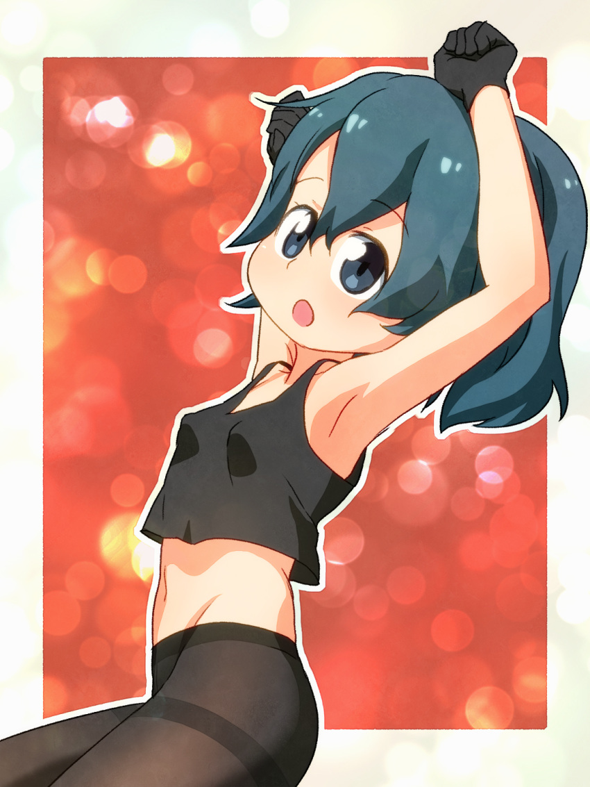 :o armpits arms_up black_gloves black_legwear black_tank_top blue_eyes breasts commentary crop_top eyebrows_visible_through_hair gloves hair_between_eyes highres kaban_(kemono_friends) kemono_friends looking_at_viewer midriff no_panties outline pantyhose sat-c short_hair small_breasts solo stretch tank_top thighband_pantyhose white_outline