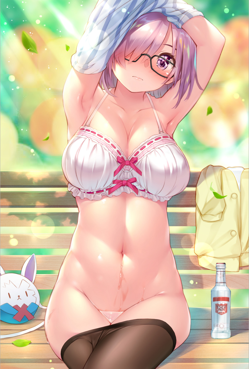absurdres armpits arms_behind_head arms_up bad_proportions bare_shoulders bench blush bottle bottomless bow bow_bra bra breasts cleavage closed_mouth collarbone commentary_request crotch_seam fate/grand_order fate_(series) glasses hair_over_one_eye hamadamiku01 highres hips jacket jacket_removed large_breasts lavender_hair leaf lens_flare light_particles looking_at_viewer mash_kyrielight navel no_panties pantyhose pantyhose_pull purple_eyes shirt_lift short_hair sitting smirnoff_(vodka) solo stomach sunlight sweater underwear wakamezake white_bra yellow_jacket