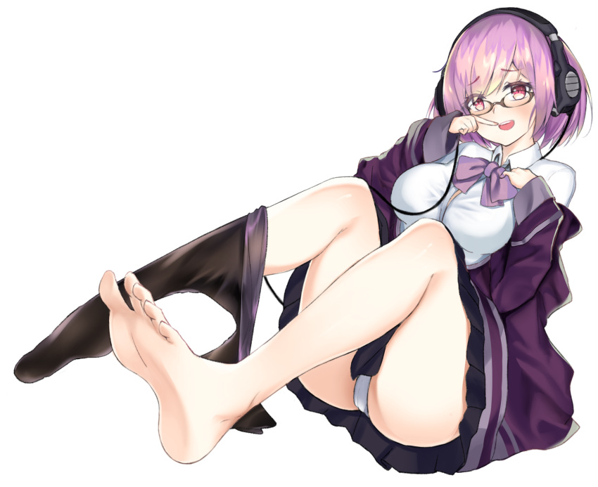 1girl barefoot blush breasts feet finger_to_mouth glasses headphones highres large_breasts lavender_hair looking_at_viewer open_mouth panties pantyhose pantyshot pink_eyes shinjou_akane soles ssss.gridman toes underwear