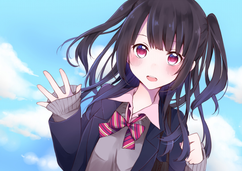 :d bag bangs black_hair black_jacket blazer blue_sky blunt_bangs blush bow bowtie cloud cloudy_sky collared_shirt commentary day dutch_angle grey_sweater hands_up jacket long_hair long_sleeves looking_at_viewer nanase_eka open_clothes open_jacket open_mouth original outdoors pink_neckwear red_eyes school_uniform shirt shoulder_bag sidelocks sky sleeves_past_wrists smile solo striped striped_neckwear sweater two_side_up upper_body upper_teeth white_shirt