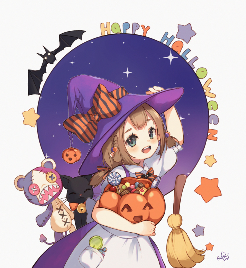 bat black_cat blue_eyes bow broom brown_hair candy cat dress eyebrows_visible_through_hair final_fantasy final_fantasy_xiv food halloween halloween_basket halloween_costume hand_on_headwear happy_halloween hat highres holding jack-o'-lantern lalafell lollipop looking_at_viewer peachy_michi pointy_ears purple_dress short_hair solo stuffed_animal stuffed_toy witch_hat