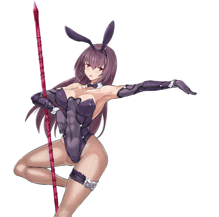 animal_ears bare_shoulders breasts bunny_ears bunny_girl bunnysuit cleavage commentary_request covered_navel depo_(typebaby505) detached_collar elbow_gloves fake_animal_ears fate/grand_order fate_(series) fishnet_legwear fishnet_pantyhose fishnets gae_bolg gloves hair_intakes highres large_breasts leotard long_hair looking_at_viewer outstretched_arm pantyhose purple_hair red_eyes scathach_(fate)_(all) scathach_(fate/grand_order) smile strapless thigh_strap weapon white_background wrist_cuffs