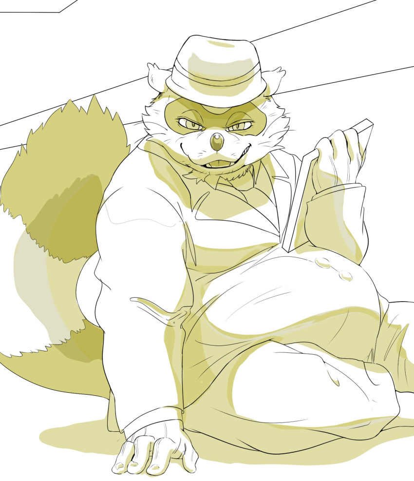 2018 anthro belly canine clothing hat hi_res humanoid_hands hysk male mammal overweight overweight_male sengoku_puzzle shirt simple_background sitting solo tanuki tokugawa_ieyasu